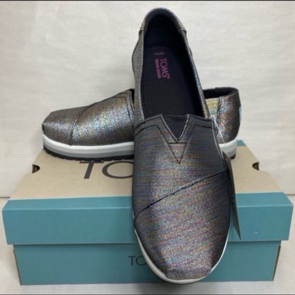 TOMS YOUTH 6 black glitter twill Alpargatas platforms rainbow grey scale  NEW